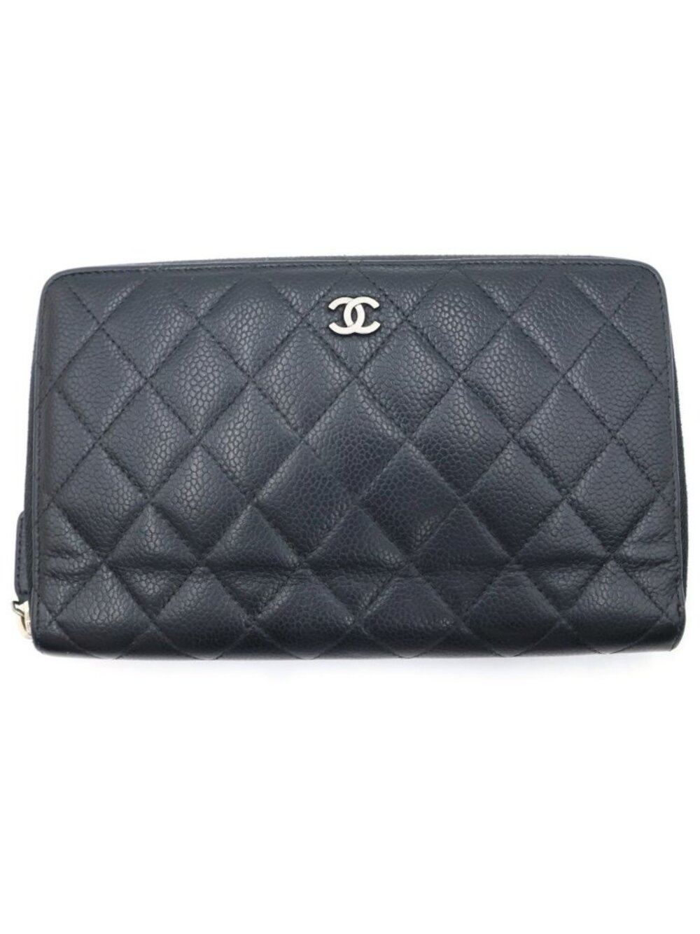 Chanel Quilted Round Zip Wallet Caviar Leather Silver Black